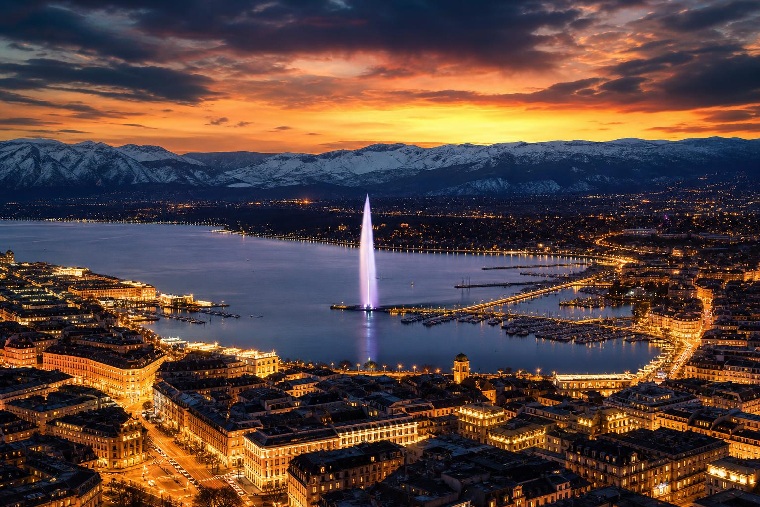 Vue de Genève et du lac Léman au crépuscule depuis le Jet d'Eau